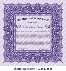 Violet Classic Certificate template. With great quality guilloche pattern. Detailed. Cordial design. 