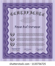 Violet Classic Certificate template. With guilloche pattern. Elegant design. Vector illustration. 