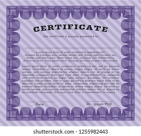 Violet Classic Certificate template. With guilloche pattern and background. Superior design. Detailed. 
