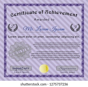 Violet Classic Certificate template. With guilloche pattern. Good design. Detailed. 