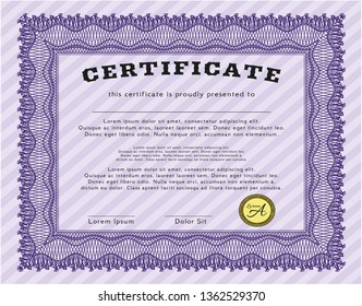 Violet Classic Certificate template. With guilloche pattern. Money style design. Customizable, Easy to edit and change colors. 