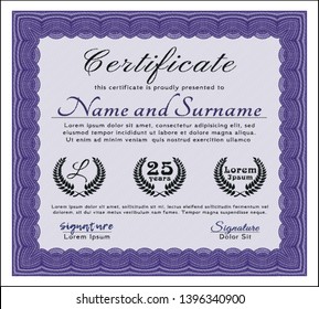Violet Classic Certificate template. With linear background. Detailed. Lovely design. 