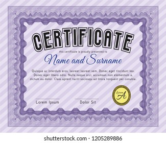 Violet Classic Certificate template. Lovely design. Detailed. With great quality guilloche pattern. 