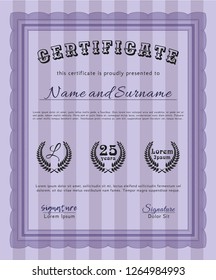 Violet Classic Certificate template. Modern design. Detailed. With guilloche pattern. 