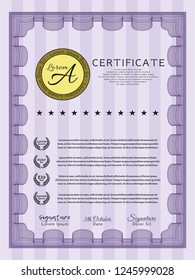 Violet Classic Certificate template. Money style design. Vector illustration. With guilloche pattern and background. 