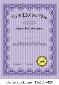 Violet Classic Certificate template. Printer friendly. Detailed. Money Pattern. 