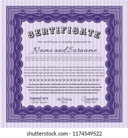 Violet Classic Certificate template. Retro design. With great quality guilloche pattern. Vector illustration. 