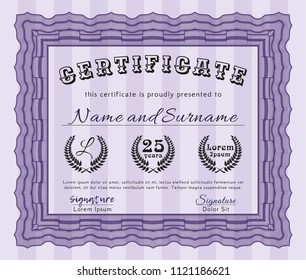 Violet Classic Certificate template. Vector illustration. With complex background. Artistry design. 