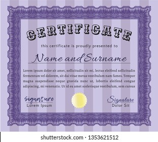 Violet Classic Certificate template. Vector illustration. With guilloche pattern and background. Good design. 