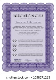 Violet Classic Certificate temViolet Certificate of achievement template. Elegant design. Detailed. With background. plate. With complex linear background. Vector illustration. Money Pattern. 