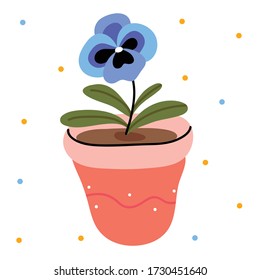 Violet in a clay pot on a background of bright polka dots. Illustration in a summer mood.Scandinavian print or poster design,children's book