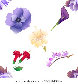 Violet Clematis. Violet Anemone. Purple Calla. Red Angel Trumpet. Purple Komakusa. Yellow hibiscus. Vector illustration. Seamless background pattern. Floral botanical flower. Wild leaf wildflower.