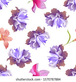 Violet Clematis. Pink Amaryllis. Pink Magnolia. Vector illustration. Seamless background pattern. Floral botanical flower. Wild leaf wildflower isolated. Exotic tropical hawaiian jungle. Fabric.