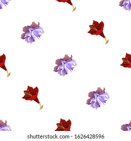Violet Clematis. Purple Amaryllis. Vector illustration. Seamless background pattern. Floral botanical flower. Wild leaf wildflower isolated. Exotic tropical hawaiian jungle. Fabric wallpaper print.