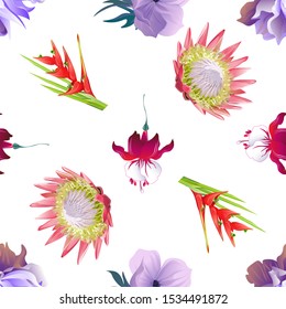 Violet Clematis. Red Fuchsia. Violet Anemone. Red Heliconia Bihai. Pink Protea. Vector illustration. Seamless background pattern. Floral botanical flower. Wild leaf wildflower isolated. Exotic.