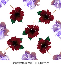 Violet Clematis. Red Rose Mallow. Vector illustration. Seamless background pattern. Floral botanical flower. Wild leaf wildflower isolated. Exotic tropical hawaiian jungle. Fabric wallpaper print.