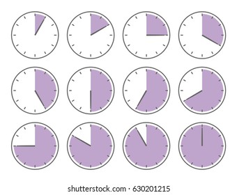 Violet clock, sixty minutes or twelve hours time increments illustration