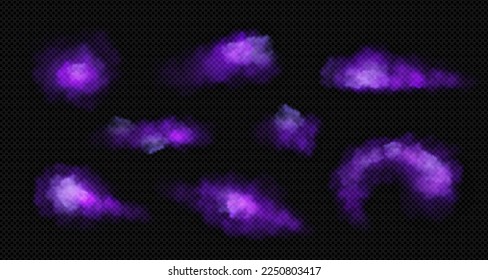 Violet clouds of smoke, fog or steam. Magic purple dust splashes, color powder explosion texture. Smog or mist clouds isolated on transparent background, vector realistic illustration