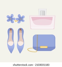 Violet Clutch bag, earring, perfume and shoes vector set. Modern vector illustration. Ladies handbags with fashion accessories. Pastel color. Fashion women collection