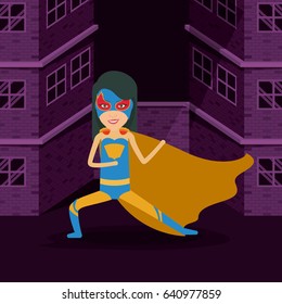 violet color background buildings brick facade with front view superheroin woman posing in outfit vector illustration