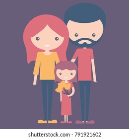 Violet color concept of young happy family mom dad and daughter. Bearded father and cute mother with smiling kid with yellow flowers. Together, relationship and parenting portrait