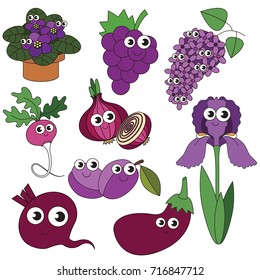 Violet Color elements set, collection of coloring book template, the group of outline digital elements vector illustration, kid educational game page.