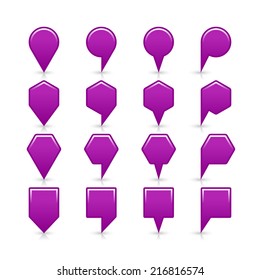 Violet color map pin sign satin location icon with gray shadow and reflection isolated on white background. Web design element save in vector illustration 8 eps