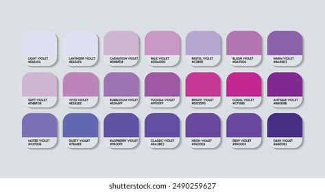 Violet Color Palette, Violet Color Guide Palette with Color Names. Catalog Samples of Purple with RGB HEX codes and Names.Light Indigo Colors Palette Vector, Fashion Trend Violet Color Palette Vector