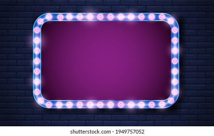 Cartel de color violeta con lugar para el texto en la pared de ladrillo con marco de neón claro