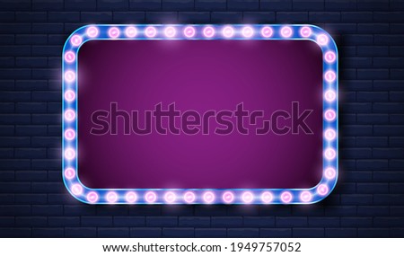 Violet colored sign board with place for your text on brick wall with light neon frame