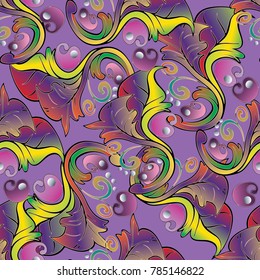 Violet colorful baroque seamless pattern. Floral vector background wallpaper with paisley flowers, scroll leaves, swirls, polka dots, line art tracery damask ornaments in baroque style. Bright design.