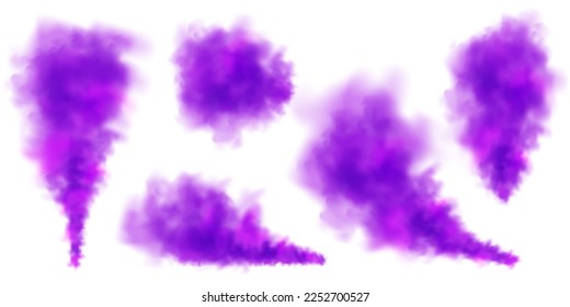 Violette bunte Rauchwolken einzeln auf weißem Hintergrund, realistischer Nebel-Effekt, Nebel. Dampfbad in der Luft, Dampffluss. Vektorgrafik