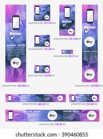 Violet Colors Low Poly Abstract Background, Business Standard 10 Sizes Website Banners Template Big Set