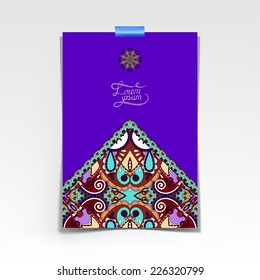 violet colour decorative sheet of paper with oriental floral design and place for your text, vector illustration