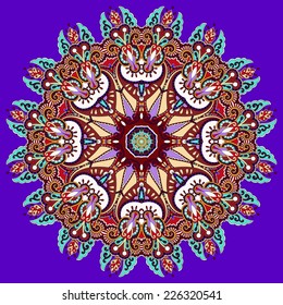 violet colour mandala, circle decorative spiritual indian symbol of lotus flower, round ornament pattern, vector illustration