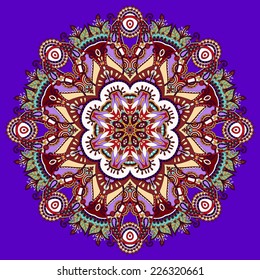 violet colour mandala, circle decorative spiritual indian symbol of lotus flower, round ornament pattern, vector illustration