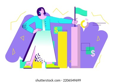 Violet concept Business grow with people scene in the flat cartoon design. Businesswoman is happy with the success and rapid development of her company. Vector illustration.