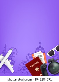 Concepto violento con diferentes empleados de viajes. Pasaporte, cámara digital, entradas, gafas de sol