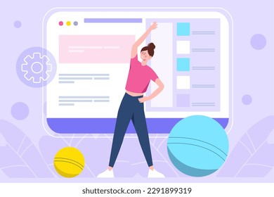 Violet concept fitness gum with people scene in the flat cartoon design. Girl performs various physical exercises at home while watching a video. Vector illustration.