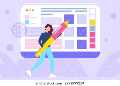 Planeamiento de concepto violento con la escena de la gente en el estilo de dibujo plano. El gestor crea listas de tareas que cada empleado de la empresa debe realizar. Ilustración vectorial.