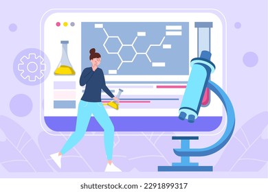 Violet concept science lab with people scene in the flat cartoon design. Young scientist conducts various experiments in a chemical laboratory. Vector illustration.