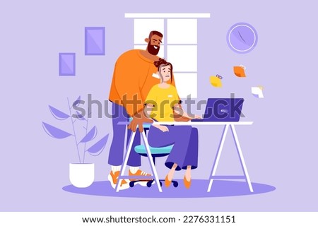 Violet concept Sexual harrasment at work with people scene in the flat cartoon style. The boss makes sexual advances on his new employee. Vector illustration.