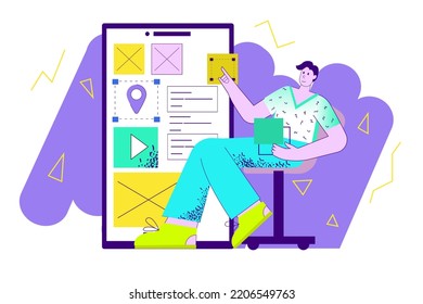 Concepto violeta Diseño web con escenas de personas en el diseño de dibujos planos. El diseñador está pensando en la colocación de imágenes en el nuevo sitio web. Ilustración vectorial.
