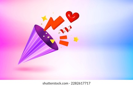 Violet cone with confetti. Surprise concept. 3d vector banner with copy space