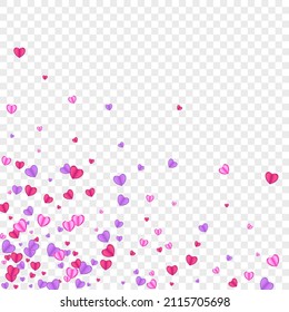 Violet Confetti Background Transparent Vector. Fall Texture Heart. Pink Falling Backdrop. Tender Confetti Amour Pattern. Red Elegant Frame.