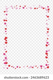 Violet Confetti Background Transparent Vector. Isolated Frame Heart. Fond Volume Illustration. Pink Heart Wedding Pattern. Red Day Texture.