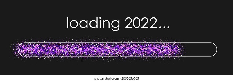 Violet confetti progress bar with loading 2022 sign. Black background. Vector holiday illustration.