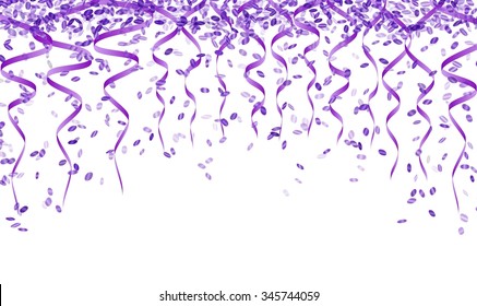 violet confetti and ribbons on white background