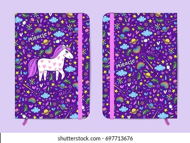 Violet copybook template with elastic band and bookmark with Cute handdrawn unicorn pattern. Unicorn and magic stuff. Girls note, magic diary. Miracle and magic creature. Vector illustration.