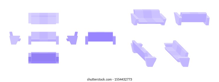 violet couch from different angles isometric